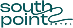 South Point Hotel logo in teal text with stylized wave design