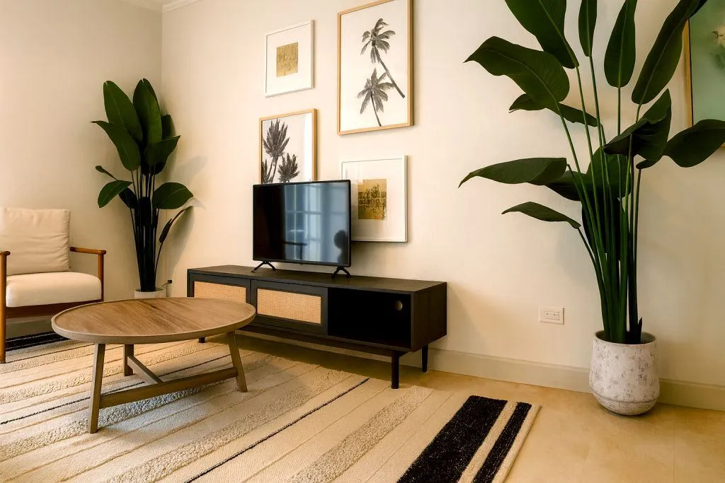 Modern tropical-style living room with natural light, neutral furniture, wood accents, large potted plants, and framed wall art, creating a warm and inviting atmosphere.
