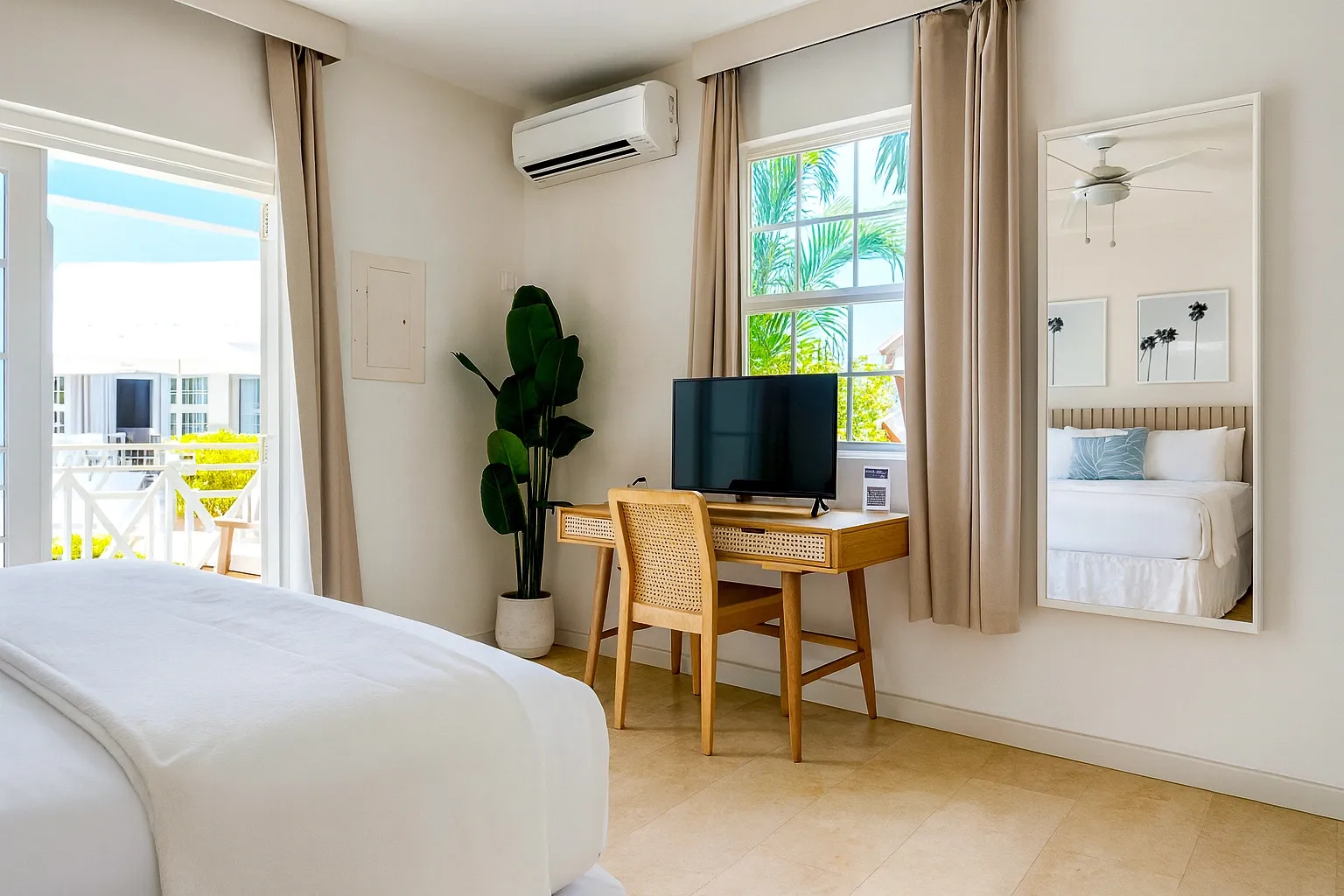 Interior of the Ocean View King Suite, featuring a king bed, natural light, tropical decor, and a TV on a desk