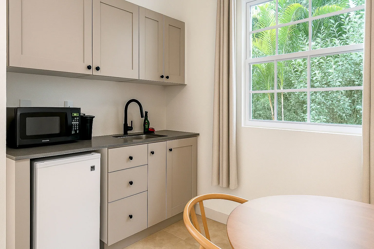 The kitchenette located in the Ocean View King Suite at South Point Hotel Barbados.