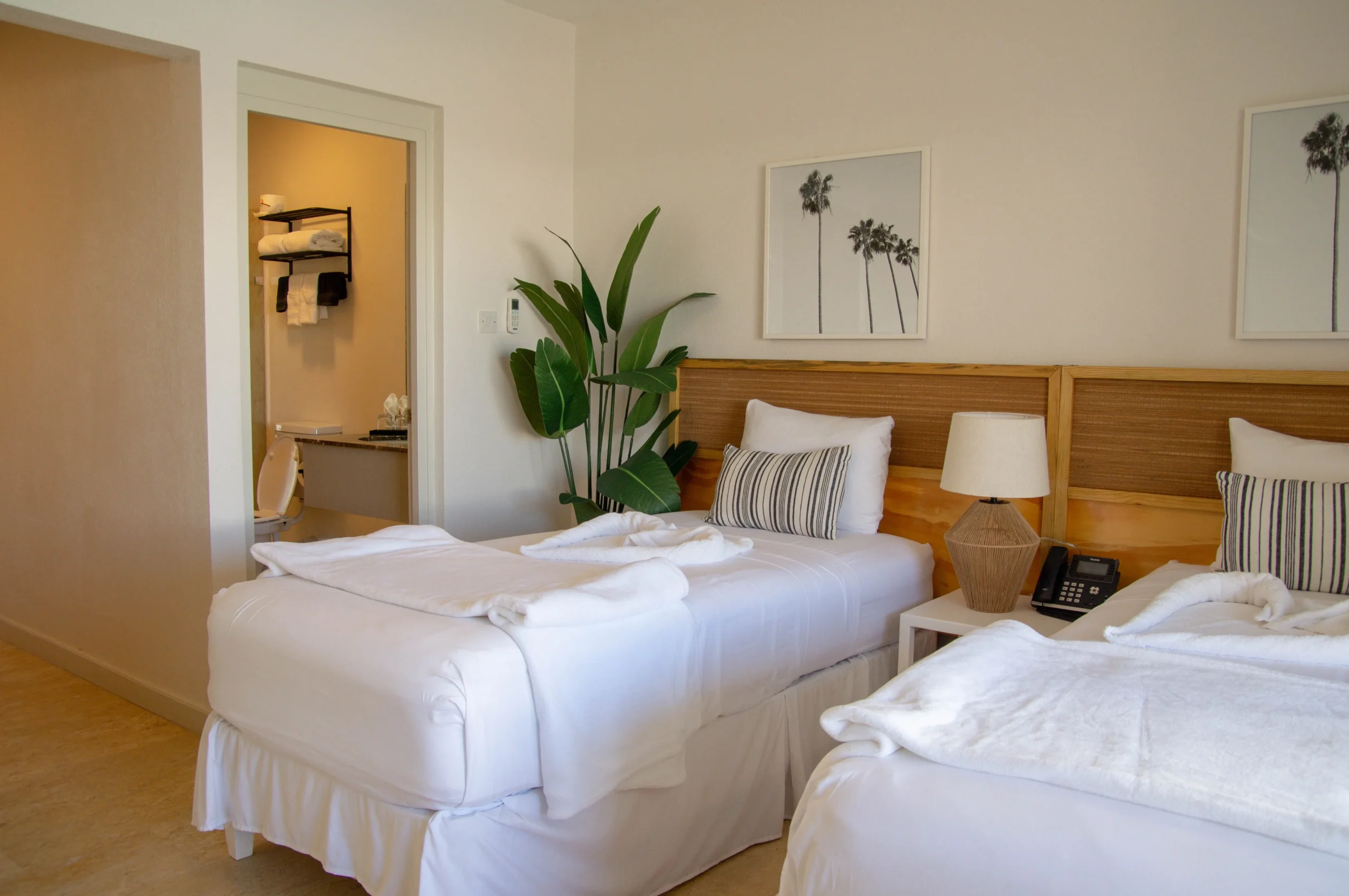 Pool View Two Twin room at South Point Hotel Barbados featuring two twin beds, natural light, and tropical décor.