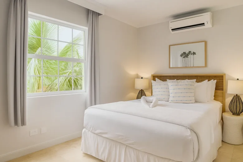 Bedroom in the presidential suite at South Point Hotel featuring a king-size bed with white linens and accent pillows, two bedside tables with lamps, framed artwork above the headboard, and a large window with a view of palm trees.