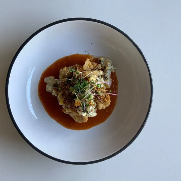 Plated dish featuring a mound of savory entrée on a pool of red sauce, garnished with microgreens.